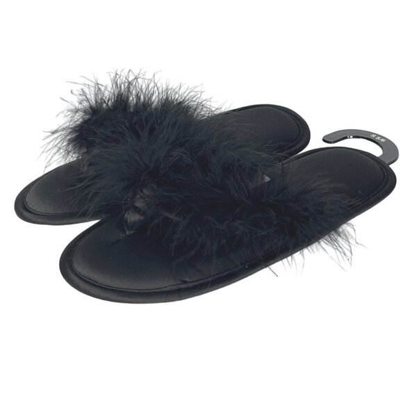 INC International Concepts Black Feather Faux Fur Slippers Womens Size 5-6 - Picture 1 of 12